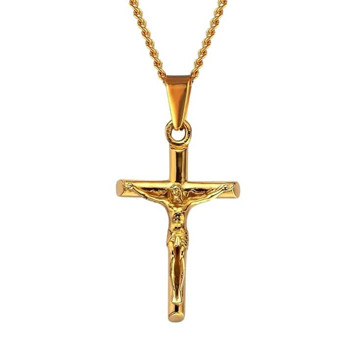 DVRK Crocifisso Collana Uomo Oro 18k o Argento su Base di Acciaio Inossidabile 316L - Collana Uomo Croce 55 cm Resistente all'Acqua - Rosario, Crucifix, Cross, Regalo