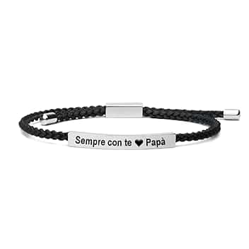 Bramart Bracciale Papà Inciso Sempre con te Papà - Acciaio Inox Lucidato e Corda Intrecciata - Regolabile 20 cm - Nero, Grande, Corda intrecciata e Acciaio Inox Lucidato