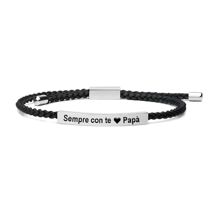 Bramart Bracciale Papà Inciso Sempre con te Papà - Acciaio Inox Lucidato e Corda Intrecciata - Regolabile 20 cm - Nero, Grande, Corda intrecciata e Acciaio Inox Lucidato