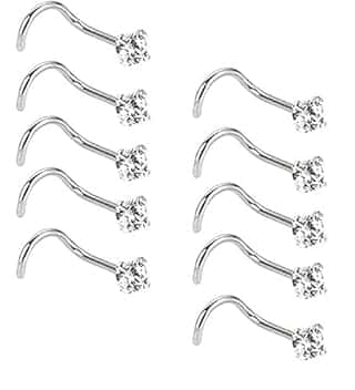 Liuxn 20 Gauge 10 Pezzi Naso Vite Curvo in Acciaio Inossidabile Naso a Bottone Naso Cubico Zirconia Piercing Gioielli per Corpo