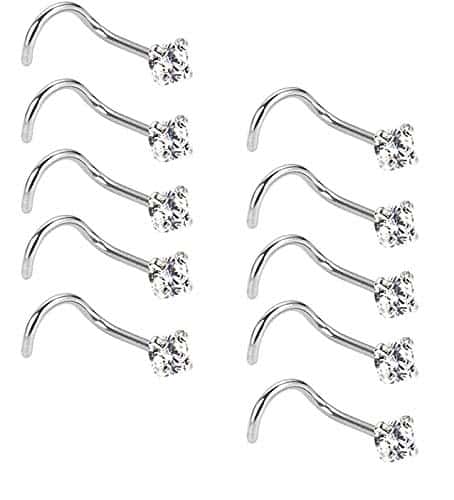 Liuxn 20 Gauge 10 Pezzi Naso Vite Curvo in Acciaio Inossidabile Naso a Bottone Naso Cubico Zirconia Piercing Gioielli per Corpo