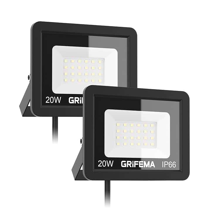 GRIFEMA 20W Faretto LED da Esterno 2 Pezzi, 2200LM 6500K Luce Bianca Fredda, IP66 Impermeabile, Faretti LED con Supporto Regolabile a 180° per Giardino, Terrazza, Garage, Senza Spina