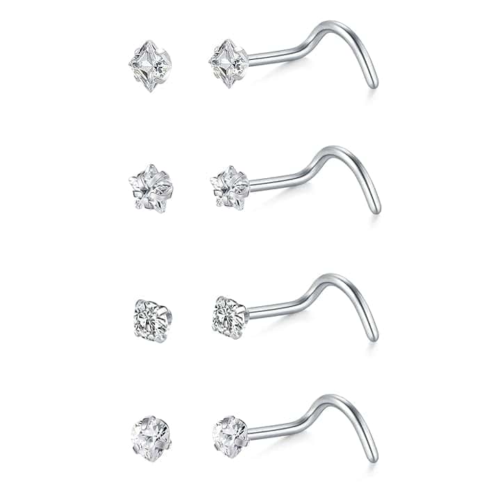 LAURITAMI 4 Pezzi Piercing Naso Brillantino Acciaio Inox 20G 22G Nostril Piercing CZ Orecchini Naso Signore Uomini Nostril Borchi