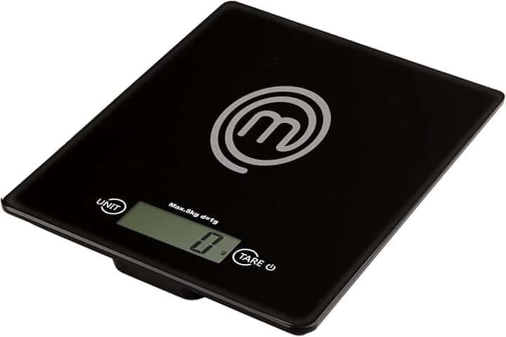 MasterChef Bilancia Cucina Digitale, Pesa Cucina Elettronica per Alimenti, in Grammi e Once (Limite di 5 kg), con Funzione Tare, Vetro temperato, Spegnimento Automatico, Professionale, Nera
