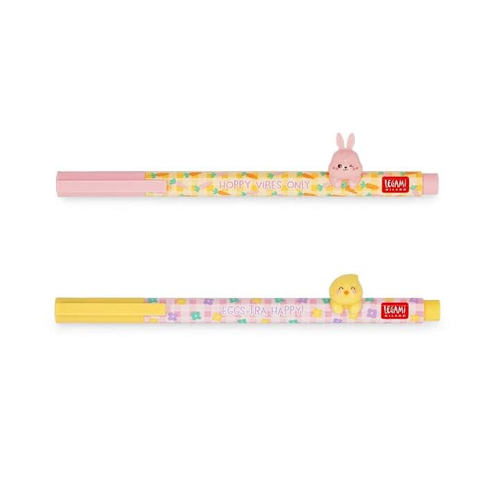 Legami - Set di 2 Penne Gel Lovely Friends, Hoppy Easter, Edizione Limitata, Animaletto Decorativo Rimovibile e Ricombinabile, Evita il Rotolamento, Inchiostro Rosa e Viola