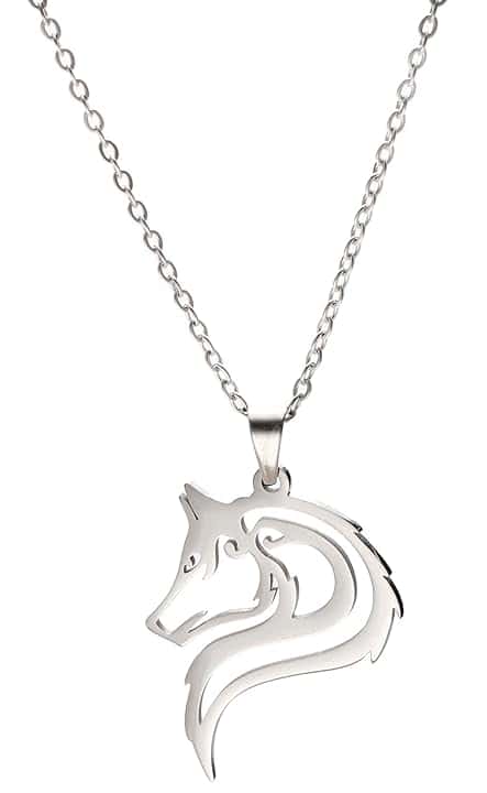 cooltime Collana a forma di lupo con catena regolabile, in acciaio inox, ciondolo rotondo cavo, Acciaio inossidabile