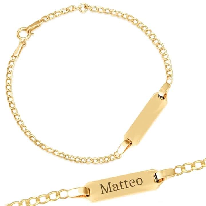 Sakrami Bracciale Holly in Oro 9 kt per bambini con piastrina + Gioiello con scatola Personalizzata + Idea Regalo per Nascita, Battesimo e Comunione Occasioni Speciali + Confezione regalo Personalizzata