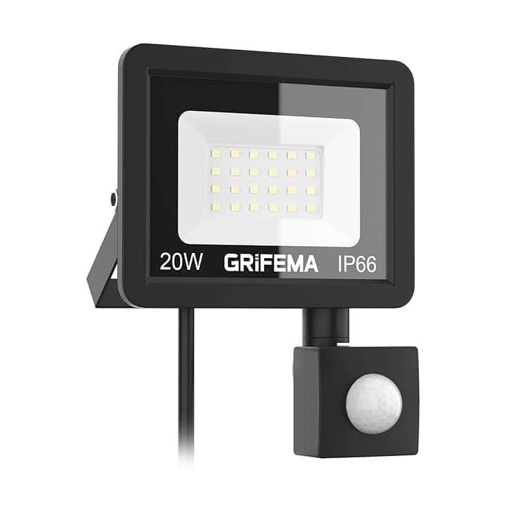 GRIFEMA 20W Faretto LED da Esterno con Sensore di Movimento, 2200LM, 24 LED 6500K Bianca Fredda, IP66 Impermeabile, Faro LED per Giardino, Garage e Cortile, Modalità Regolabili, Senza Spina