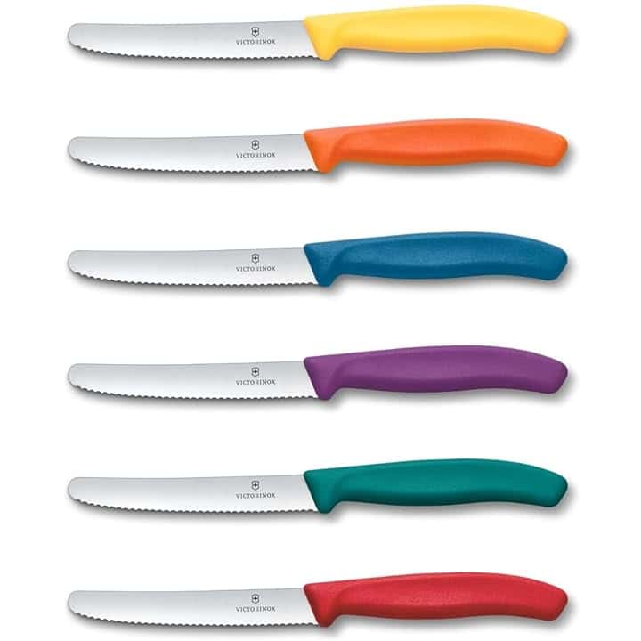 Victorinox Swiss Classic, Coltello da colazione, Coltello da pane, Lama affilata, seghettata, 11 cm, Manico in plastica, Acciaio inossidabile, Set da 6 Pezzi, Colorato