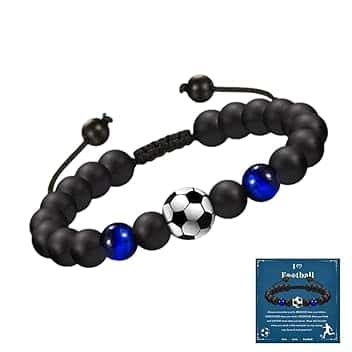 YUVKIN Regali Calcio per Ragazzi, Braccialetto Calcio per Bambini, Bracciale in Pietra Naturale con Design Pallone da Calcio, Idee Regalo per Bambini 5-10 Anni