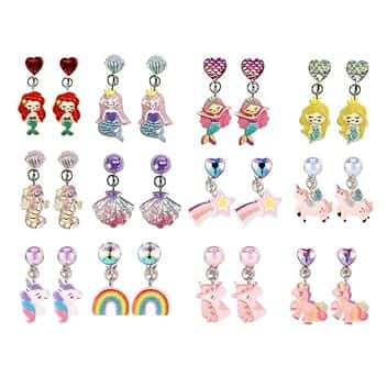 ZILZUFA Orecchini a Clip 12 Paia per Ragazze, Accessori in Resina Non Allergici, Gioielli da Principessa con Unicorno, Sirena, Arcobaleno