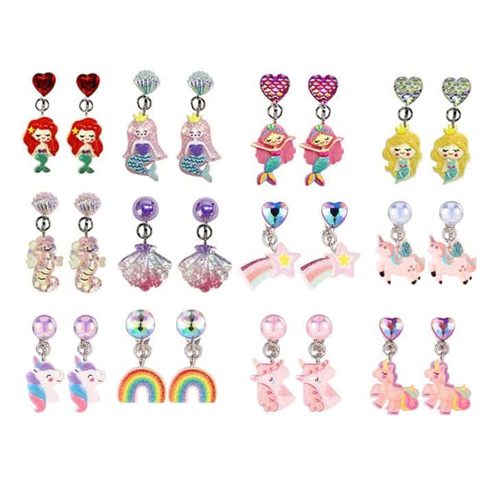 ZILZUFA Orecchini a Clip 12 Paia per Ragazze, Accessori in Resina Non Allergici, Gioielli da Principessa con Unicorno, Sirena, Arcobaleno