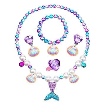 SIRLOMU Set di gioielli da 5 pezzi per bambine, collana, braccialetto, anello, collana a tema sirena per bambine, articoli per feste, accessori per regali di compleanno