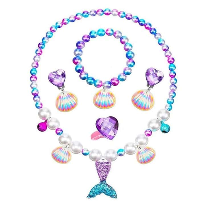 SIRLOMU Set di gioielli da 5 pezzi per bambine, collana, braccialetto, anello, collana a tema sirena per bambine, articoli per feste, accessori per regali di compleanno