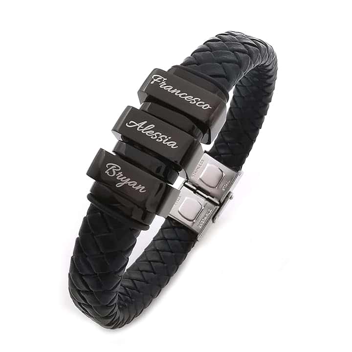 ALMENDRA Bracciale uomo personalizzato pelle festa del papà personalizzabile con incisione nomi figli acciaio nero simil pelle