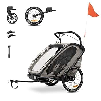 hauck Bike N Walk Duo, Light Grey - 3in1 Rimorchio Bici Bambini 2 Posti 6 Mesi a 22 kg / 120 cm - Set Completo con Accessori - Ruota Passeggino, Freno a Mano, Sospensioni, Schienali Reclinabili