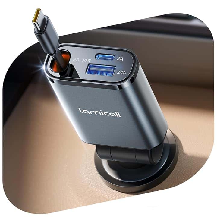 Lamicall 3-IN-1 Caricatore Auto USB C - [Super Compatto] 50W Carica Rapida, Accendisigari Auto con 75CM Cavo Retrattile Type-C & Porta USB-C/A, 180° Pieghevole Spina 12/24V, per iPhone/Samsung/Android Global Recycled Standard
