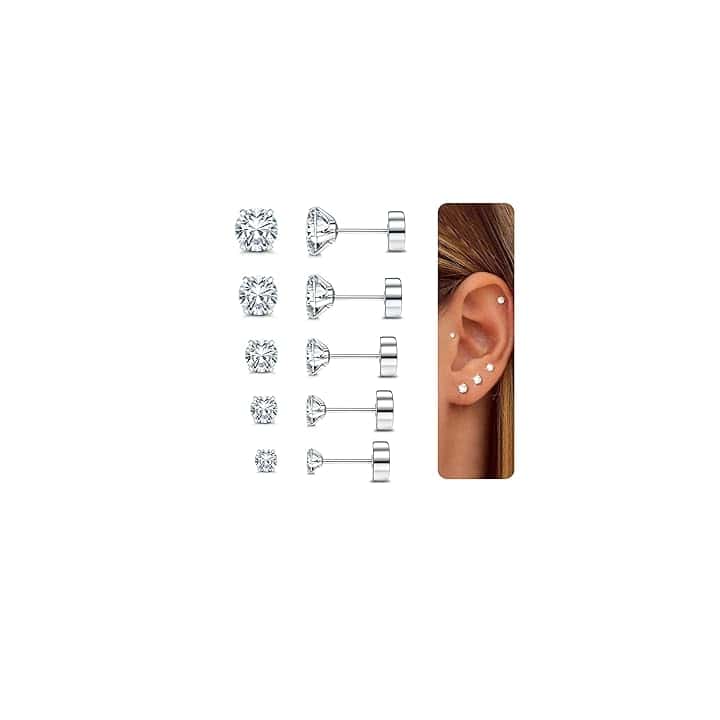 CASSIECA 5Paia Orecchini Acciaio Chirurgico Orecchini Anallergici Donna Argento Oro Piercing Orecchio Acciaio Chirurgico CZ 2-6MM Cartilagine Piercing ClimeCo Certified