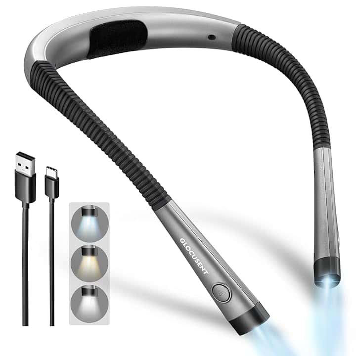 Glocusent Lampada da Lettura, LED luce del libro, Ricaricabile, 3 Colori, 6 Livelli di luminosità, Bracci pieghevoli, mani libere, Perfetta per Tejer, Estudiar, Dormir, Viajar ClimatePartner certified