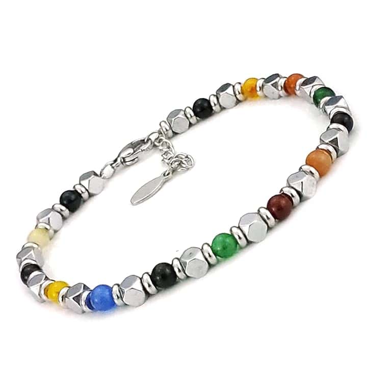 SAGA GIOIELLI Bracciale Uomo Donna Pietre Dure Onice Nero Vari Colori Quadrello Acciaio