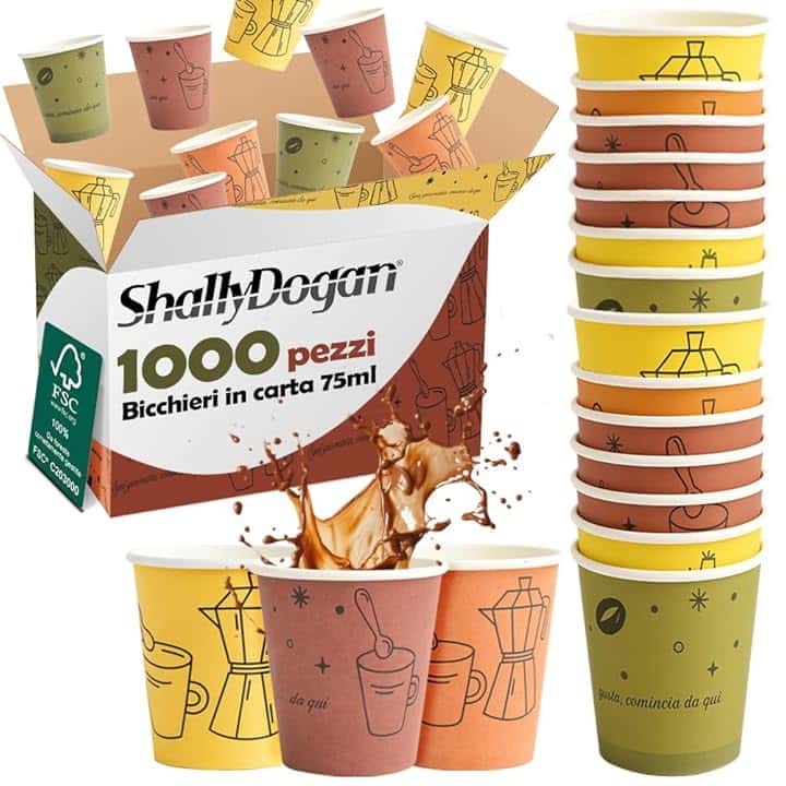 BAKAJI 1000 Bicchierini da Caffè Monouso Capacità 75 ml, Tazzina in Carta Usa e Getta per Hotel, B&B, Casa, Ideali per Feste ed Eventi, Tazze Resistenti Biodegradabili e Ecosostenibi (Moka)