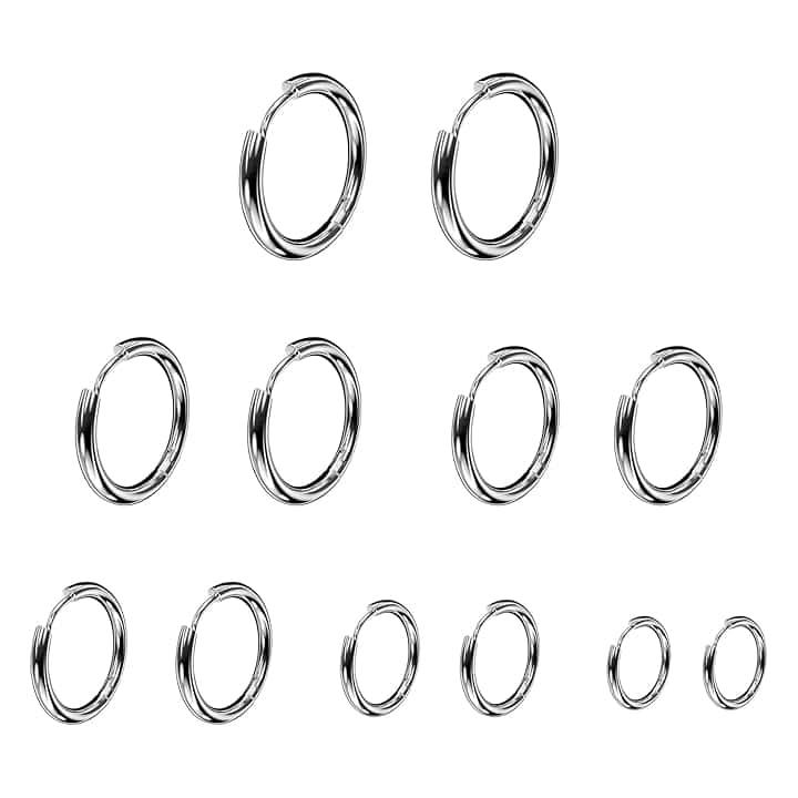 Bomtop 6 Paia Orecchini Acciaio Inossidabile di Orecchini Cerchio Piccoli per Uomini e Donne Ipoallergenici Set di Orecchini 8-18 mm (argento)