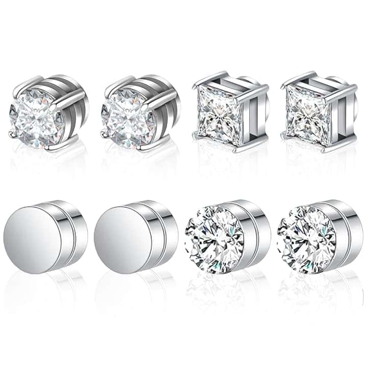 VRYNDH 4 Paia Orecchini Magnetici Uomo Orecchini Calamita Orecchino Magnetico Adatte Per Uomo E Donna, Rotonde/Quadrate,Comodo da indossare e non si cade facilmente,6 mm(argento)