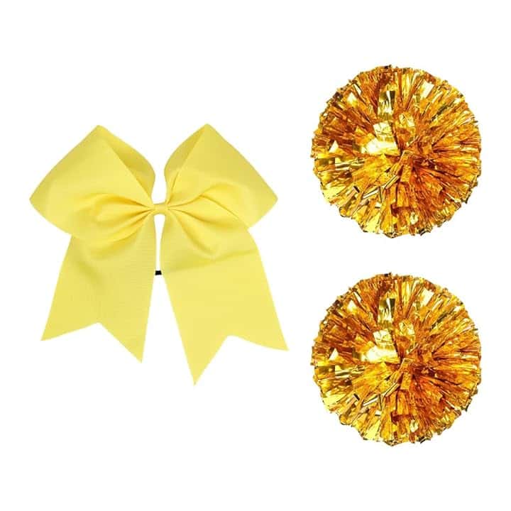 2 pompon da cheerleader, con grande fiocco per capelli da cheerleader, accessori per costume da cheerleader, giallo