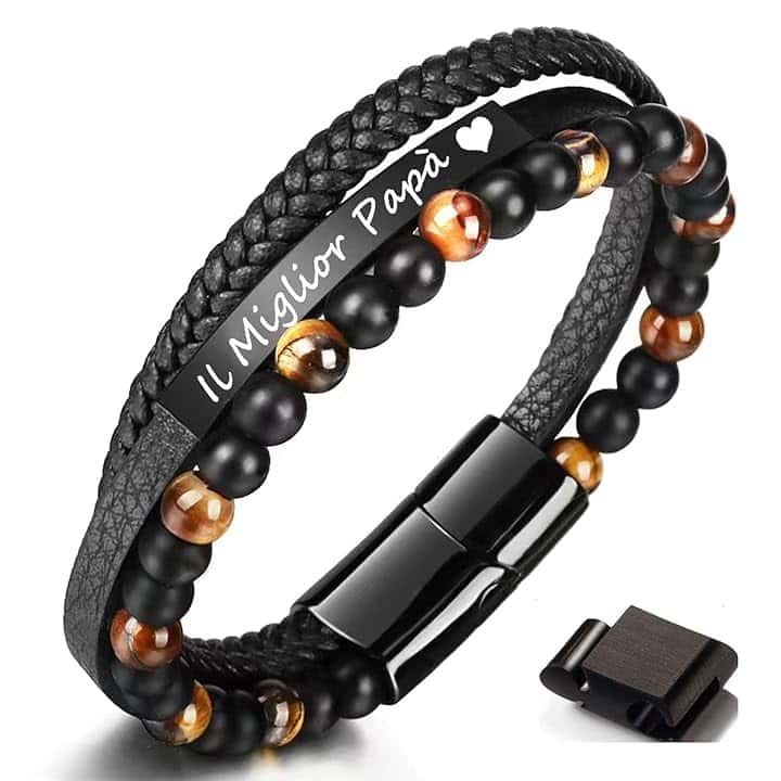 Jbniuay Bracciale Uomo DAD - Braccialetto in Pelle con Incisione 'Il Miglior Papà' - Regalo per la Festa del Papà
