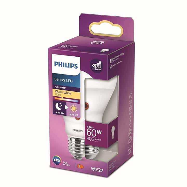 Philips LED Lampadina Goccia con Sensore Crepuscolare 60W E27, Luce Bianca Calda