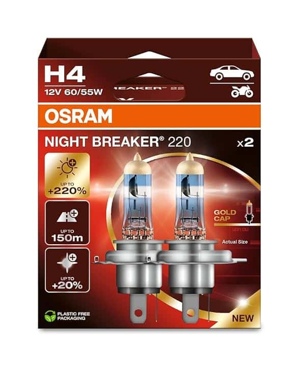 OSRAM NIGHT BREAKER 220, H4, +220% di luminosità in più, lampada faro alogena, 64193NB220-2HB, scatola pieghevole (2 lampade)
