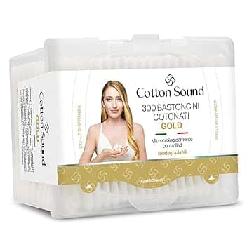 Cotton Sound GOLD Bastoncini Cotonati 1 confezione x 300 Pezzi, Scatola Apri e Chiudi, Bastoncini Cotonati in Carta Biodegradabile, 100% Puro Cotone Idrofilo, Ideali Pelli Sensibili, Made in Italy