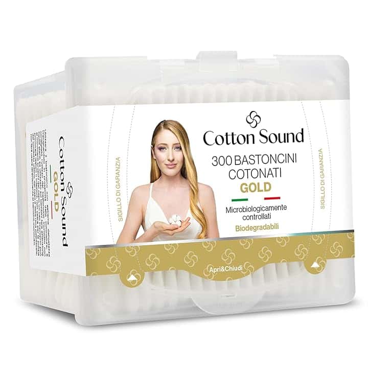 Cotton Sound GOLD Bastoncini Cotonati 1 confezione x 300 Pezzi, Scatola Apri e Chiudi, Bastoncini Cotonati in Carta Biodegradabile, 100% Puro Cotone Idrofilo, Ideali Pelli Sensibili, Made in Italy