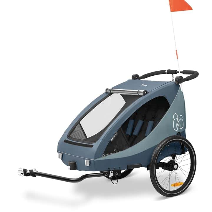 hauck Rimorchio Bici Bambini e Passeggino Dryk Duo Plus - 2 Posti (6-48 Mesi), Carrello Bicicletta Rimorchio con Timone, Ruota, Bandiera e Luce - Pieghevole, Vano XL - Blu scuro