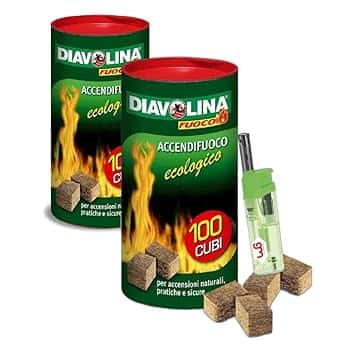 Diavolina Accendifuoco Ecologico 100pz, Accensione Istantanea Naturale Pratica Sicura per Camino, Stufa, Legna, Barbecue con Accendino GM (2 CF + accendino)