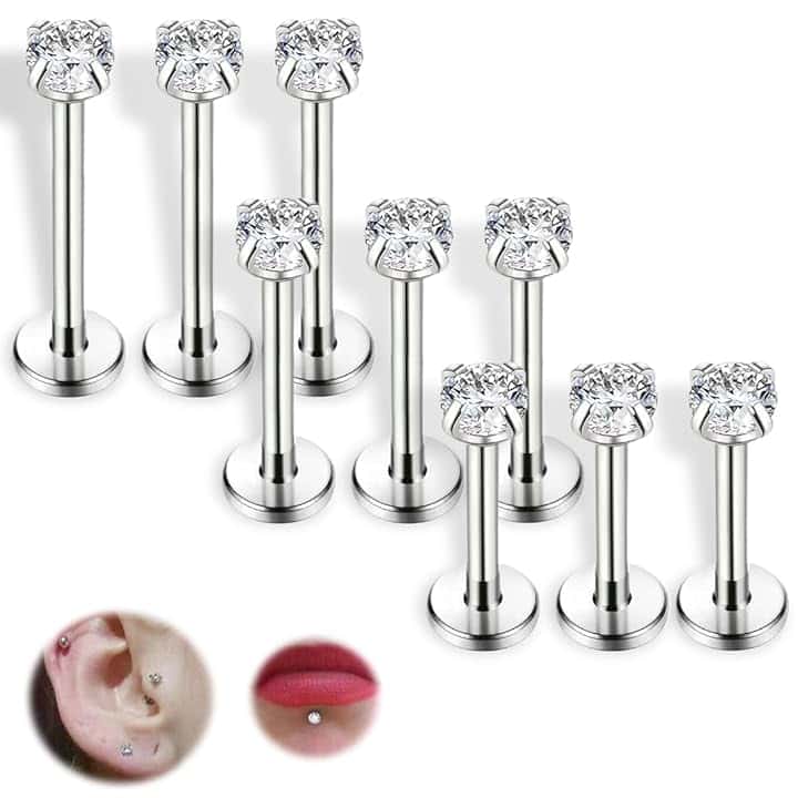 COYUN 9 Pezzi Gioielli per Piercing, Helix, Labbro, Trago, Orecchio, Naso, Brillantino, Labbro, Helix per Donna Uomo, Titanio, Acciaio Chirurgico, A Farfalla, Classico, Implant Grade