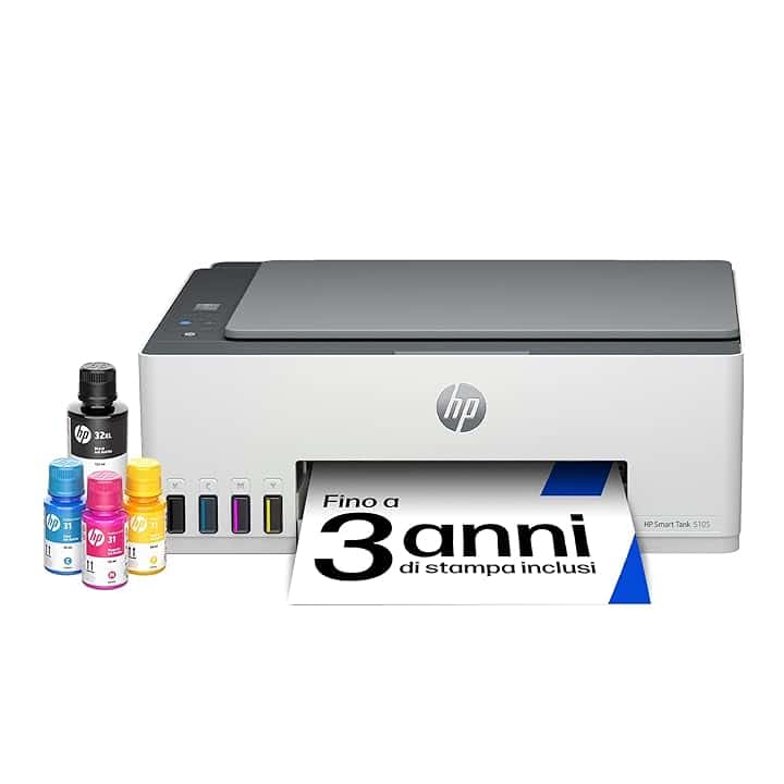 HP Smart Tank 5105 1F3Y3A, Stampante Multifunzione A4 con serbatoio di inchiostro ad alto volume di stampa, stampa fronte/retro manuale, scansione, copia, 22 ppm, USB, Wi-Fi, HP Smart, Bianca