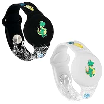 SAVITA Savita Bracciale per Airtag – Dinosauro Cartoon Pattern Braccialetto in silicone per bambini, bambini e anziani – Custodia GPS Tracker per nascondere (nero, bianco)