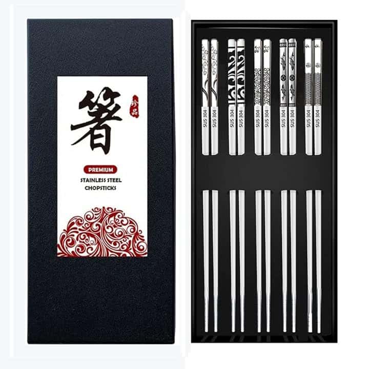 Bacchette in Acciaio Inox, 5 Paia di Bacchette Riutilizzabili Lavabili in Lavastoviglie, Bacchette Giapponesi con Incisione Laser, Set di Bacchette Senza Metallo da Regalo per Natale/Compleanno