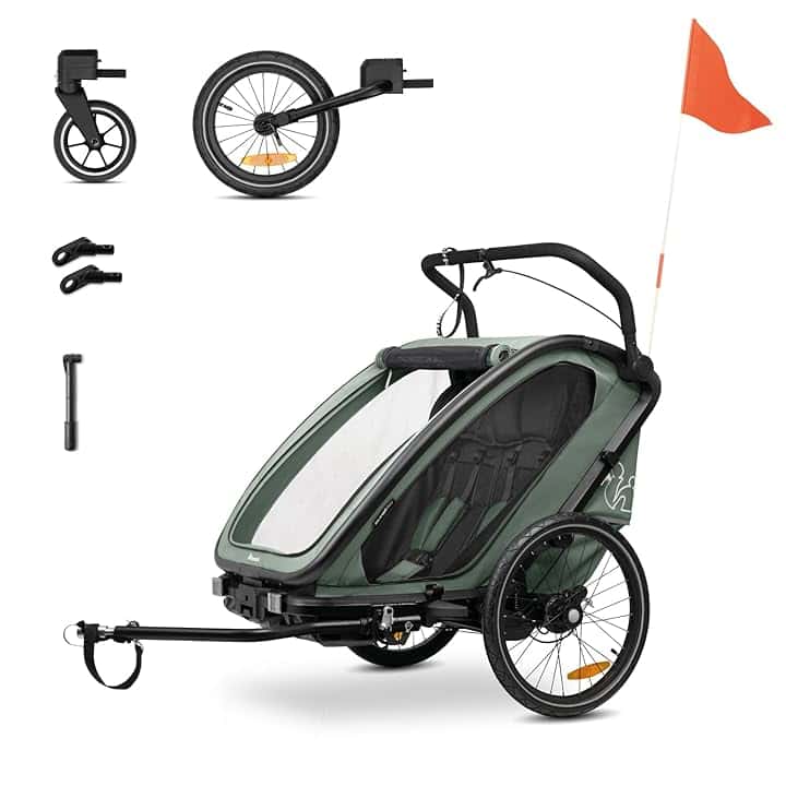 hauck Bike N Walk Duo, Dark Green - 3in1 Rimorchio Bici Bambini 2 Posti 6 Mesi a 22 kg / 120 cm - Set Completo con Accessori - Ruota Passeggino, Freno a Mano, Sospensioni, Schienali Reclinabili
