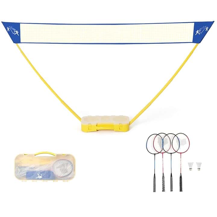COSTWAY Set Rete da Badminton Portatile, con 4 Racchette e 2 Volani, Rete da Tennis Pallavolo 3 x 1,5m, Montaggio Facile, Set Completo per Spiaggia Parco Cortile