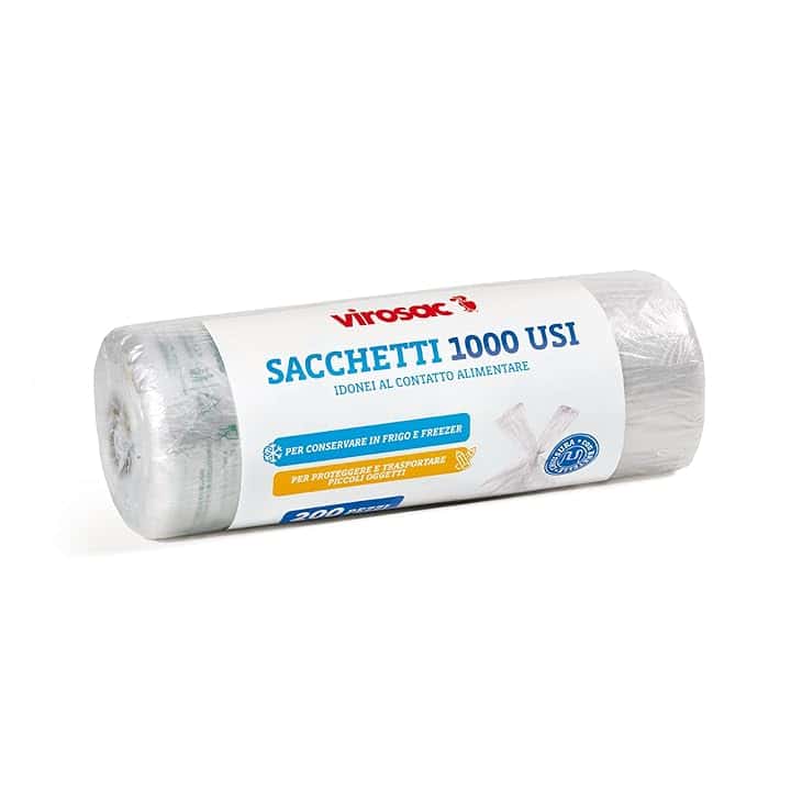 Virosac - 1000 Usi - Sacchetti multiuso a forma di shopper 34x60, 200 sacchetti per rotolo, trasparente