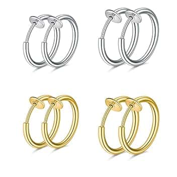 WKRTDY Set di 4 paia orecchini finti senza buco in acciaio inossidabile per uomo, donna e bambina, Orecchini clip, cerchio, anello ear cuff, per creare un look moderno e senza piercing, Oro e Argento