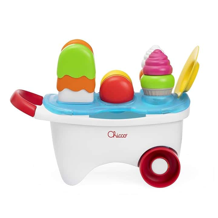 Chicco Gioco Carretto dei Gelati, Playset 2in1, Attività di impilamento e incastro, attività gioco di ruolo, pratica maniglia e ruote libere, Playset 19 pezzi per comporre deliziosi dolci, 12-36 M
