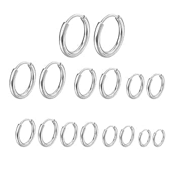 NHDDGR 8 Paia di Orecchini in Acciaio Inossidabile per Uomini e Donne, Piccoli Cerchi Chirurgici Ipoallergenici e Leggeri, Argento 6-20mm