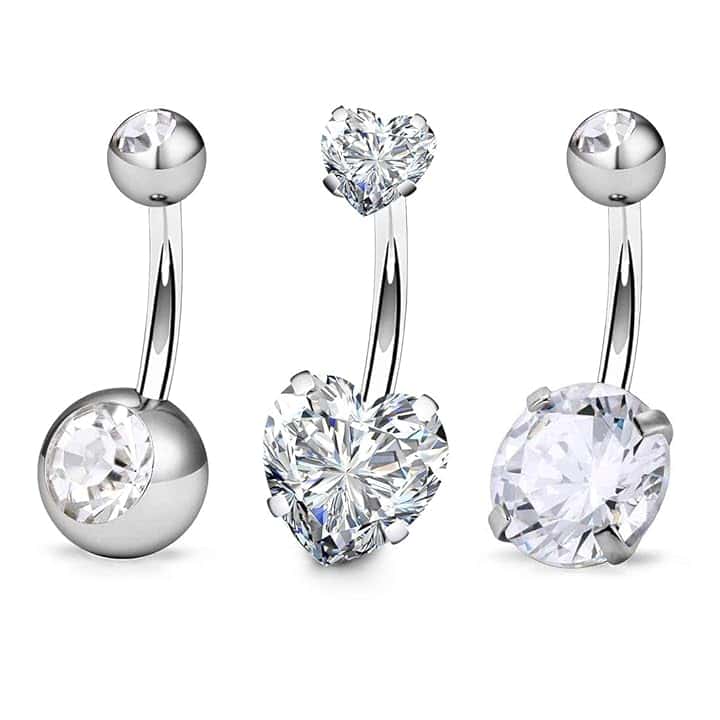 FECTAS 3pcs Anello con Ombelico Argento Top Zirconia 316L Acciaio Chirurgico 14G Ombelico Bar Gioielli Piercing