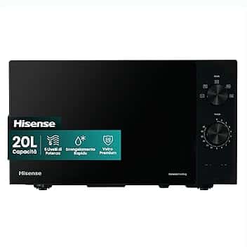 Hisense H20MOBP1 Forno a Microonde, Nero con Manopole, Capacità 20 litri, 5 Livelli di Potenza, Vetro Ceramica, Funzioni Timer e Defrost Rapido