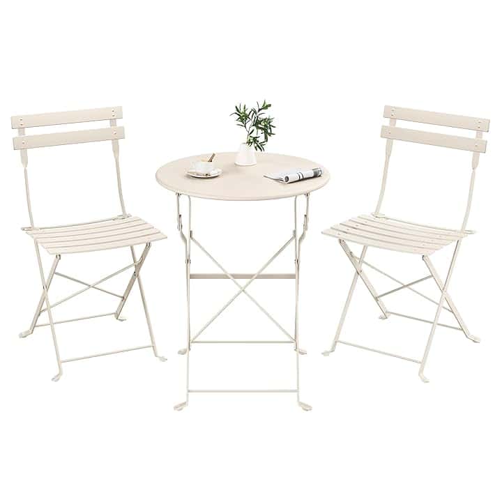 SONGMICS Set da Giardino da Esterno, 3 Pezzi, 2 Sedie, 1 Tavolo, Pieghevole, Salottino da Esterno, Acciaio, Resistente alle Intemperie, per Balcone, Terrazza, Beige Cappuccino GGF036LZ01