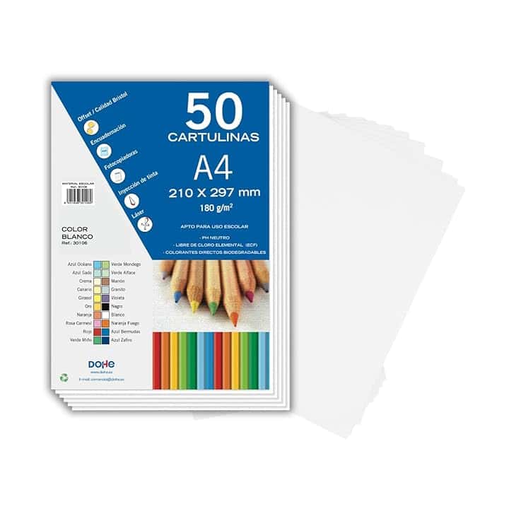 Dohe - Cartoncini Bianchi A4 (50 pz) - Formato 21x29,7 cm, Spessore 180 g/m², per Lavoretti Creativi, Stampa e Materiale Scolastico