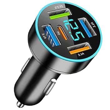 5-Porte Caricabatterie Auto, 66W Caricatore Auto USB C PD30W+QC3.0+3.1A, Adattatore Accendisigari USB con Voltmetro LED, per iPhone 15 14 13 Pro Max Samsung Android Tablet, ecc